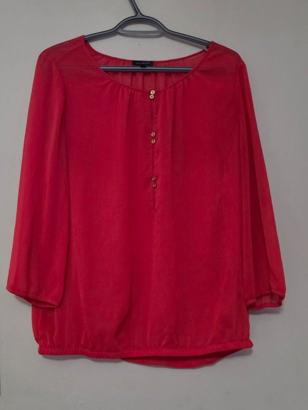 The Limited Gathered Neck ¾-Sleeve Red Chiffon Blouse